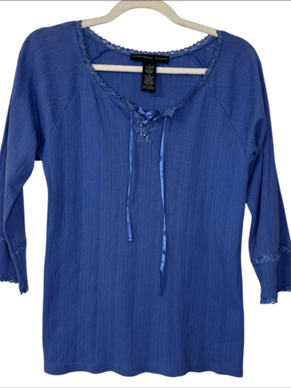 Josephine Chaus Cobalt Blue Lace-Trim Knit Long Sleeve Cotton Top